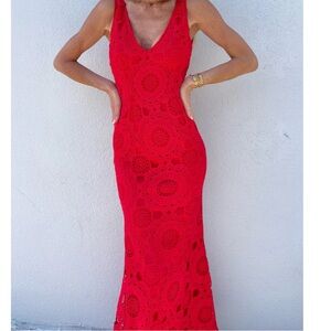 chicways red amore crochet lace maxi dress